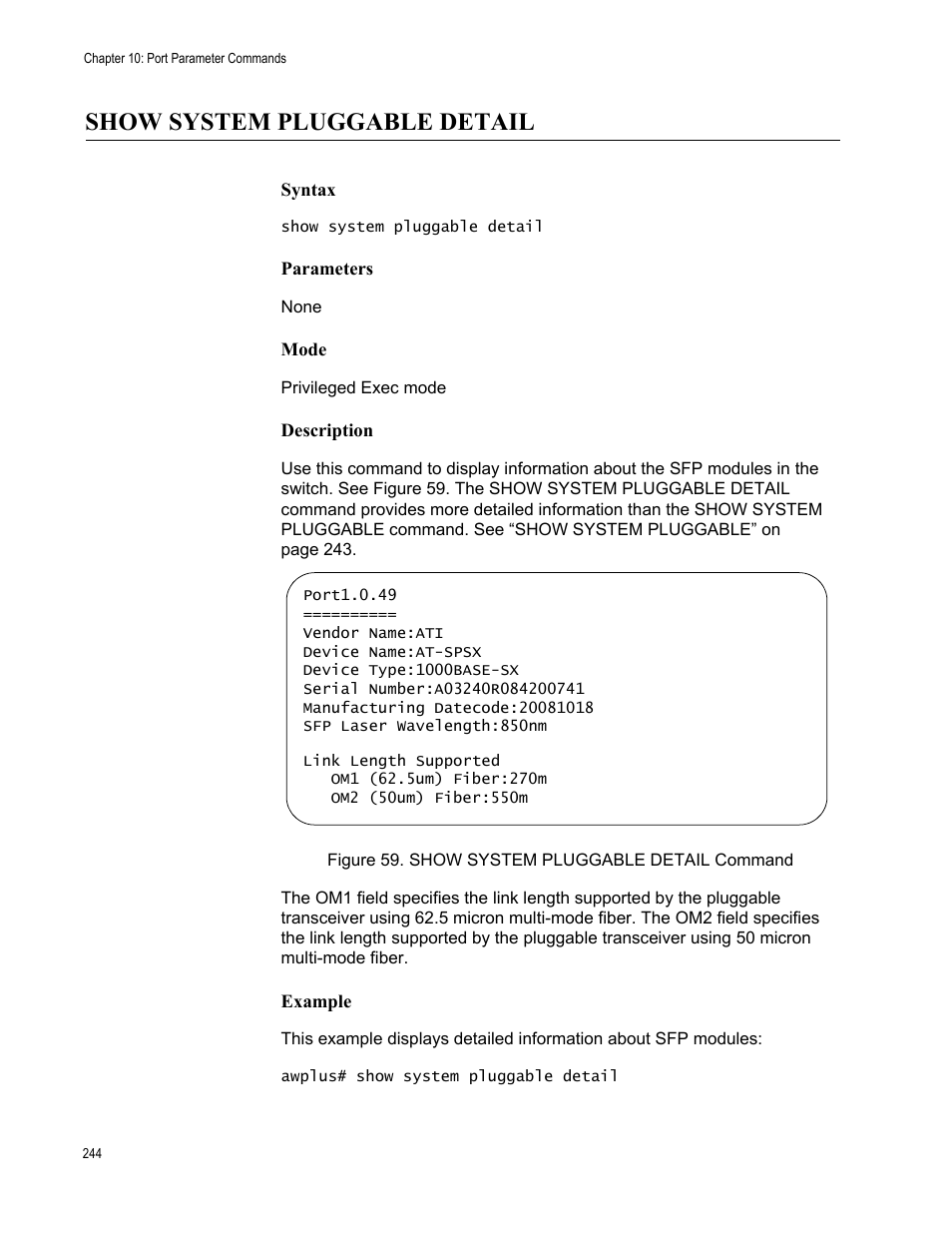 Show system pluggable detail, Figure 59. show system pluggable detail command | Allied Telesis AT-FS970M Series User Manual | Page 244 / 1938