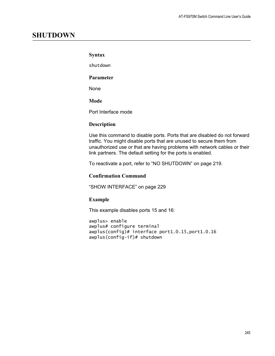 Shutdown | Allied Telesis AT-FS970M Series User Manual | Page 245 / 1938