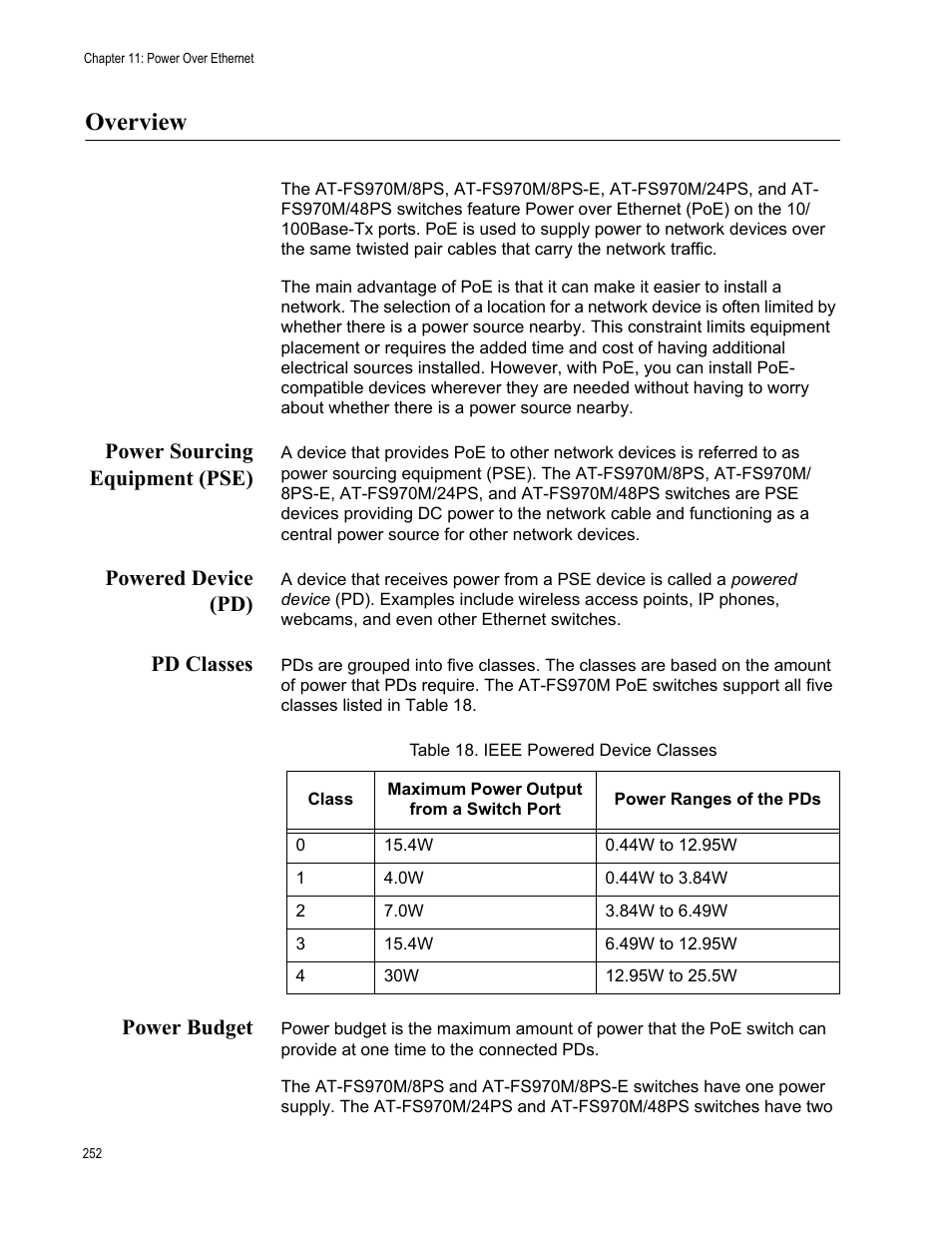 Overview, Table 18. ieee powered device classes | Allied Telesis AT-FS970M Series User Manual | Page 252 / 1938
