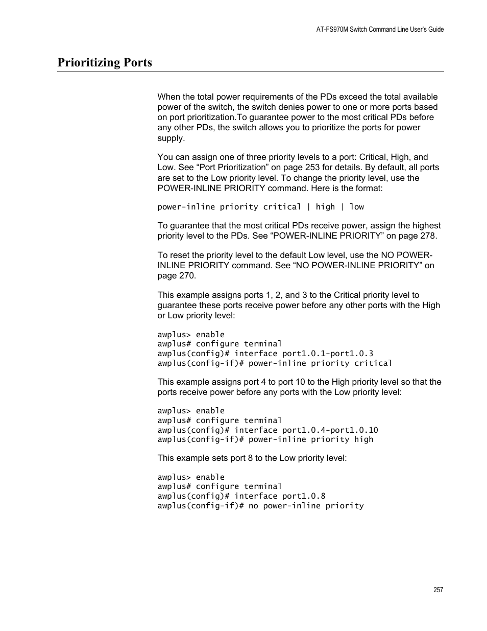Prioritizing ports | Allied Telesis AT-FS970M Series User Manual | Page 257 / 1938