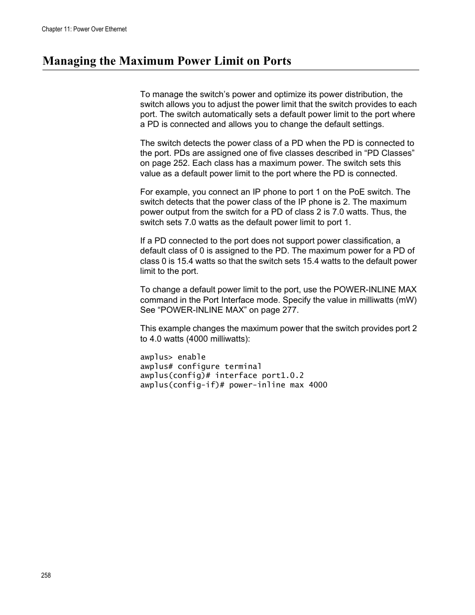 Managing the maximum power limit on ports | Allied Telesis AT-FS970M Series User Manual | Page 258 / 1938