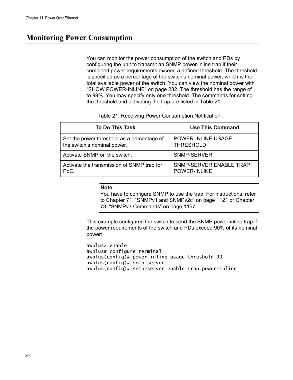 Monitoring power consumption, Table 21. receiving power consumption notification | Allied Telesis AT-FS970M Series User Manual | Page 260 / 1938