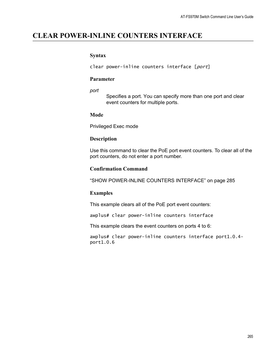 Clear power-inline counters interface | Allied Telesis AT-FS970M Series User Manual | Page 265 / 1938