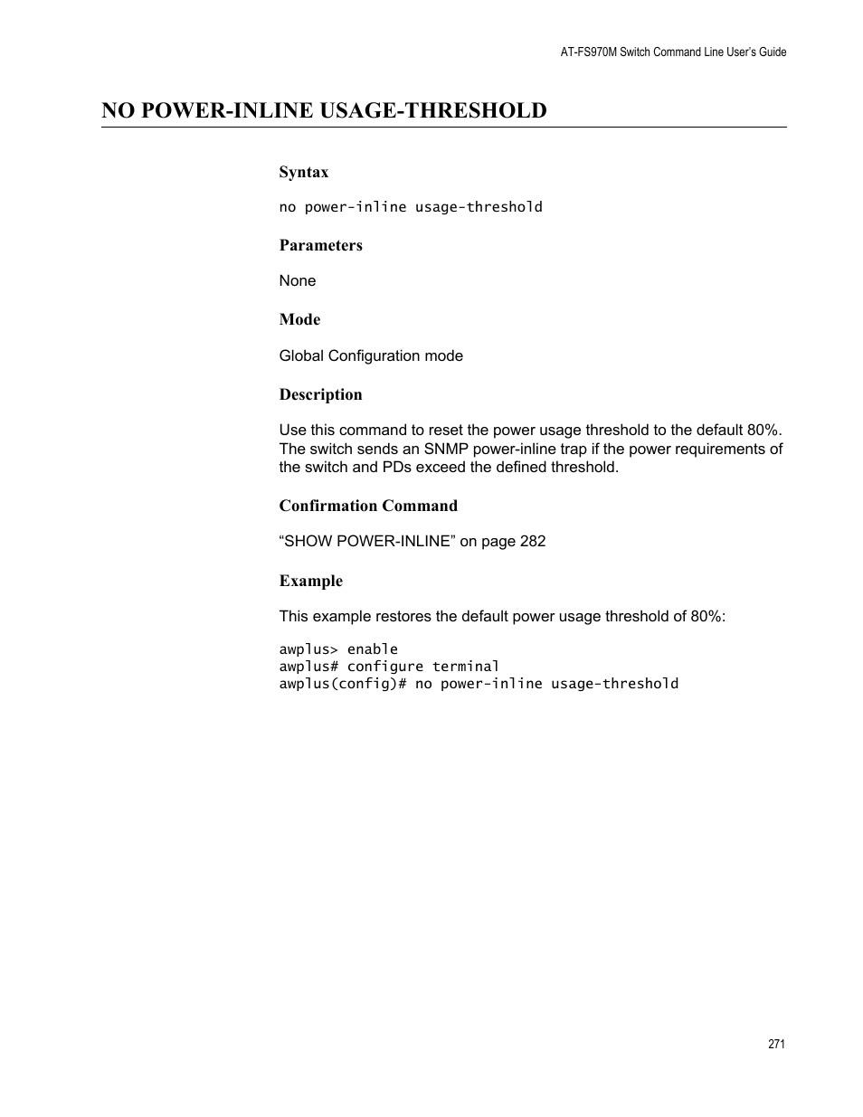 No power-inline usage-threshold | Allied Telesis AT-FS970M Series User Manual | Page 271 / 1938