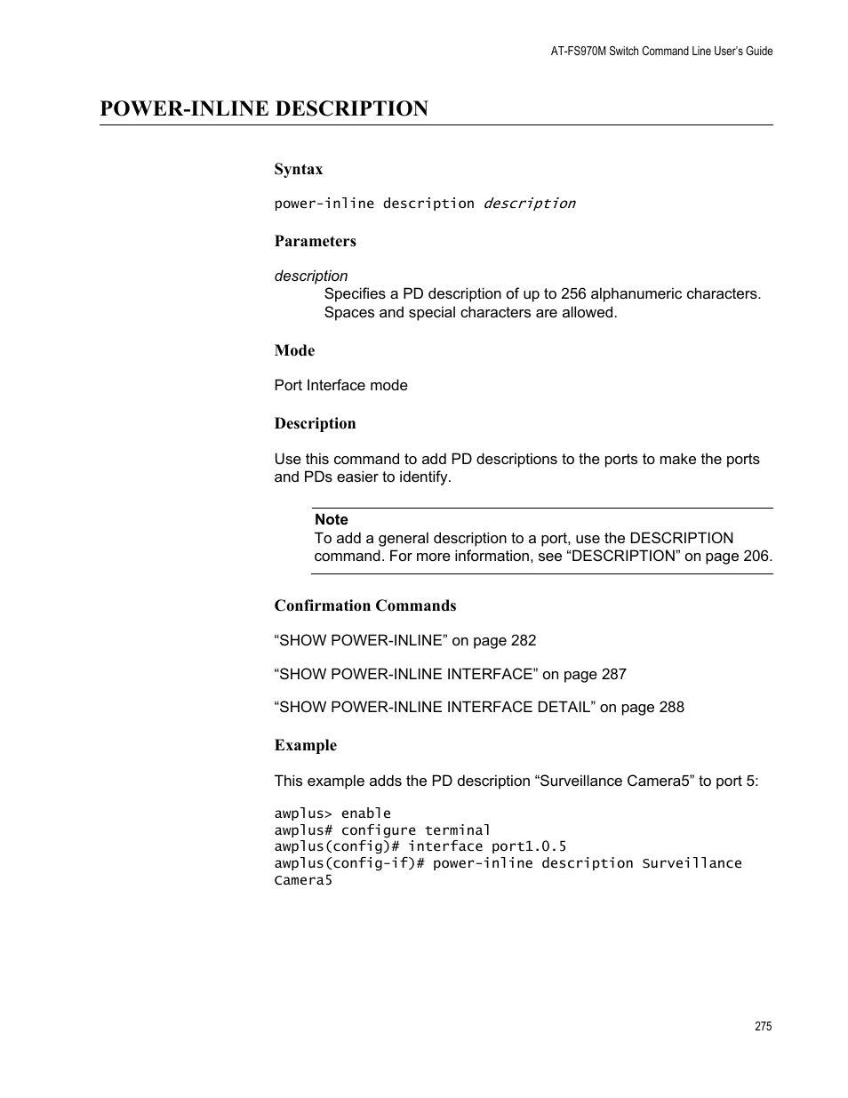 Power-inline description | Allied Telesis AT-FS970M Series User Manual | Page 275 / 1938