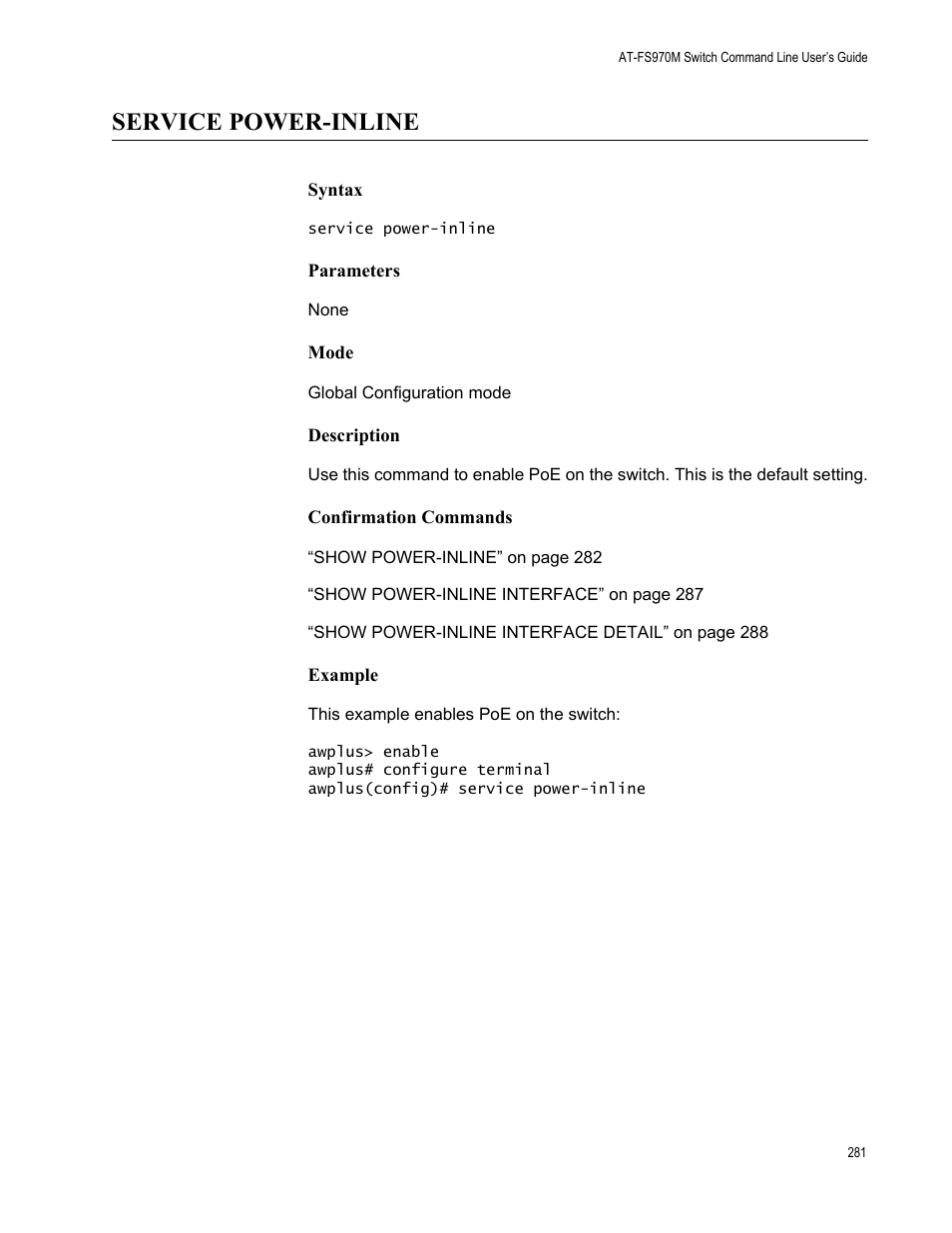 Service power-inline | Allied Telesis AT-FS970M Series User Manual | Page 281 / 1938