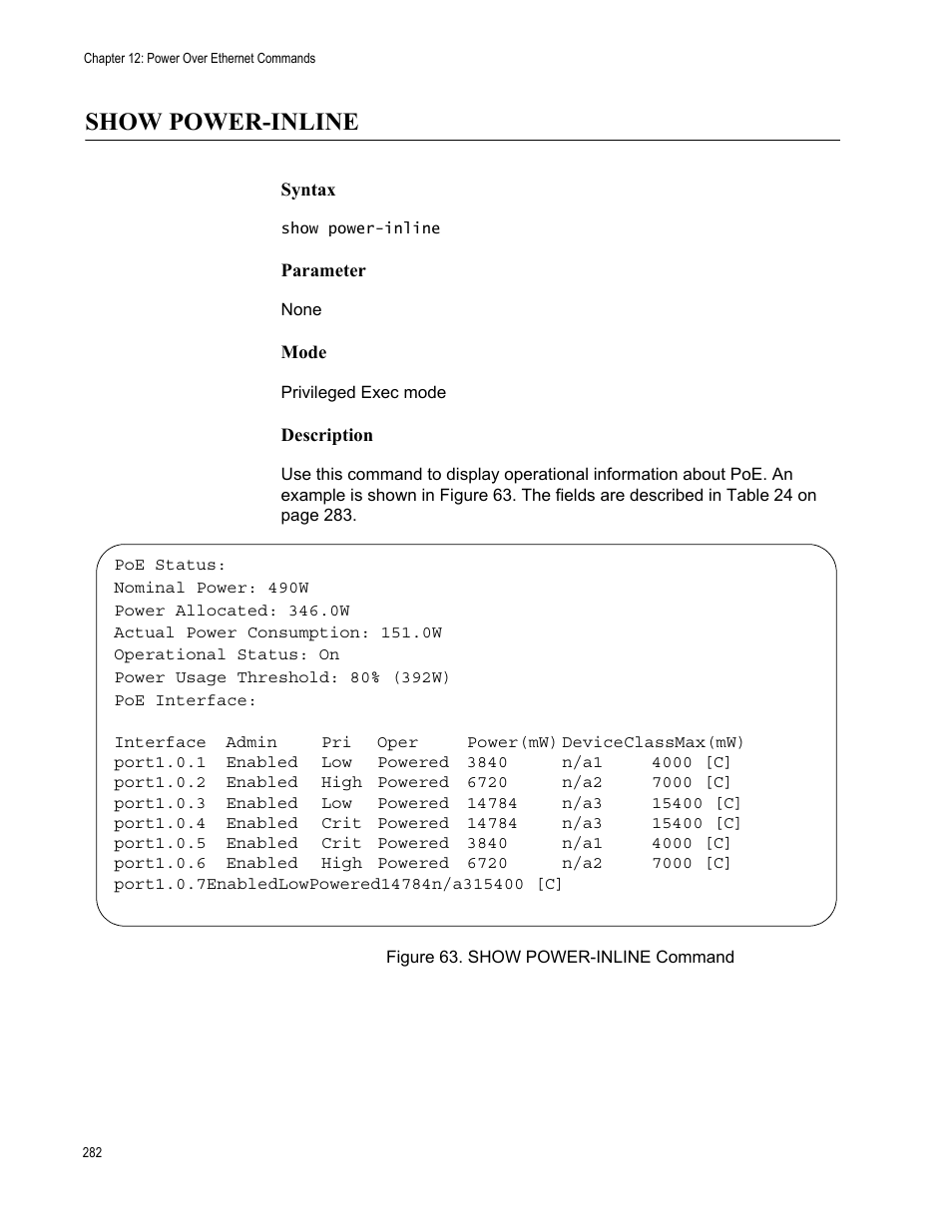 Show power-inline, Figure 63. show power-inline command | Allied Telesis AT-FS970M Series User Manual | Page 282 / 1938