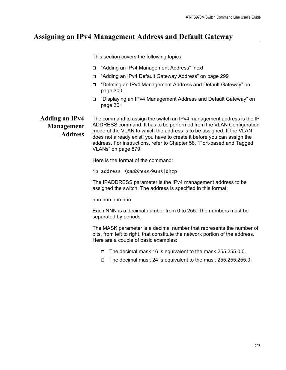 Adding an ipv4 management address | Allied Telesis AT-FS970M Series User Manual | Page 297 / 1938