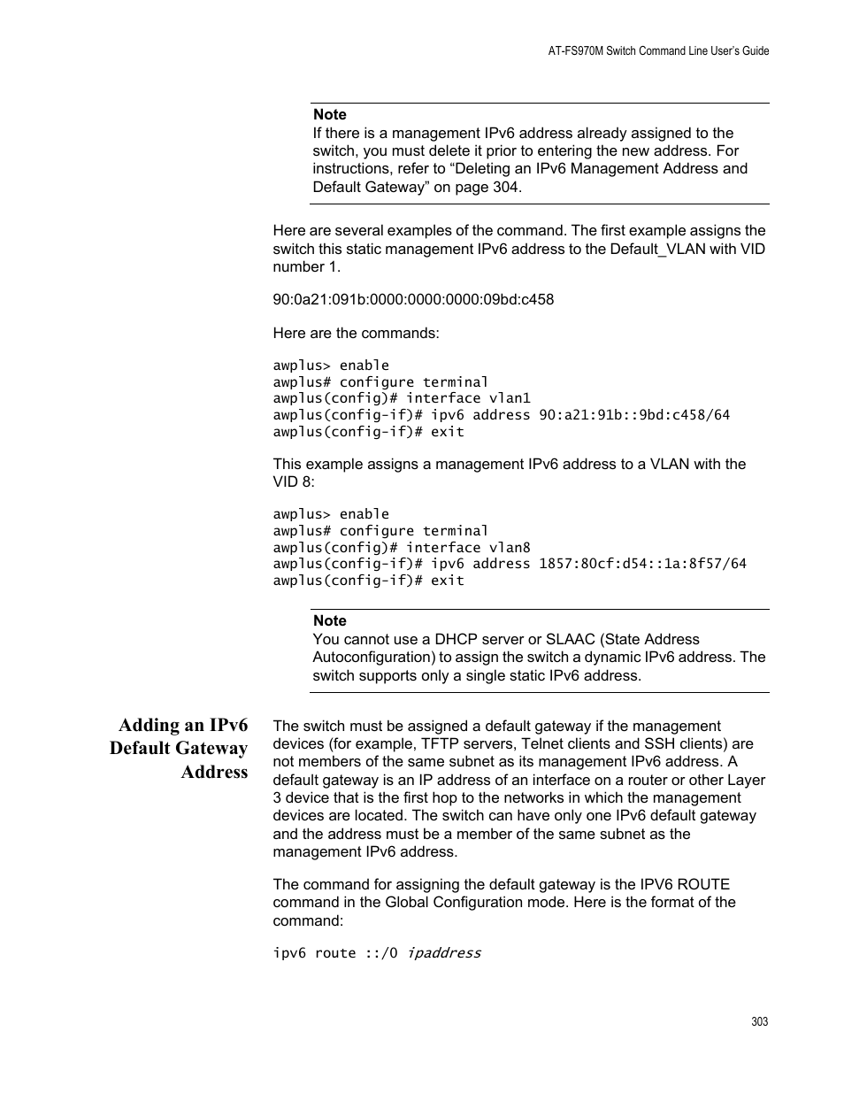 Adding an ipv6 default gateway address | Allied Telesis AT-FS970M Series User Manual | Page 303 / 1938