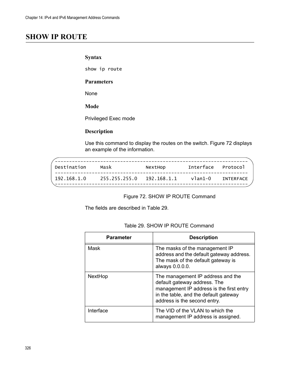 Show ip route, Figure 72. show ip route command, Table 29. show ip route command | Allied Telesis AT-FS970M Series User Manual | Page 326 / 1938