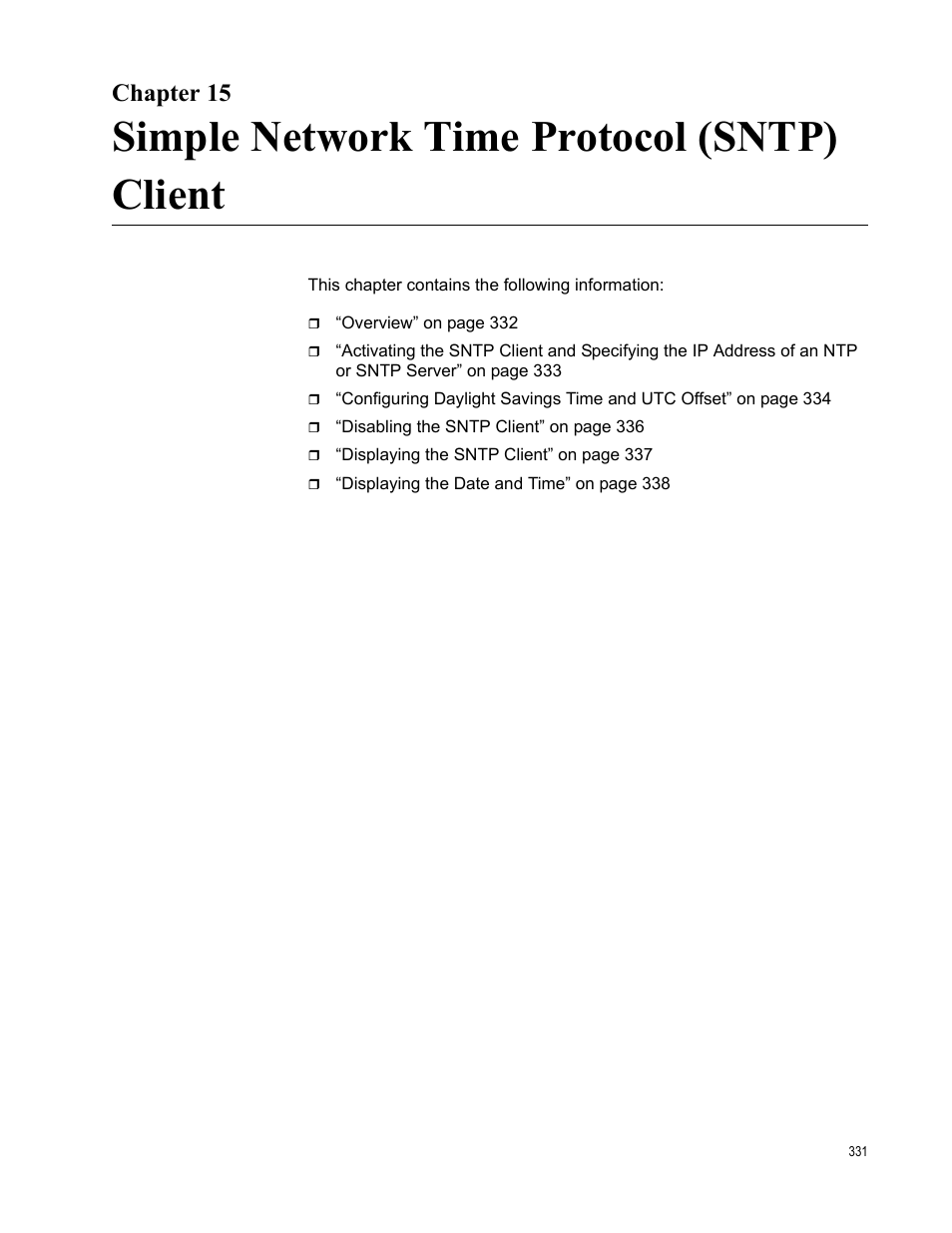 Chapter 15, Simple network time protocol (sntp) client | Allied Telesis AT-FS970M Series User Manual | Page 331 / 1938