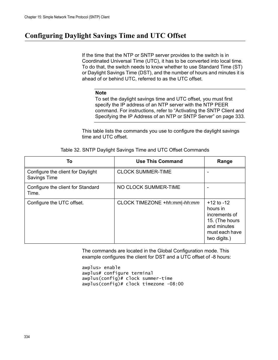 Configuring daylight savings time and utc offset | Allied Telesis AT-FS970M Series User Manual | Page 334 / 1938