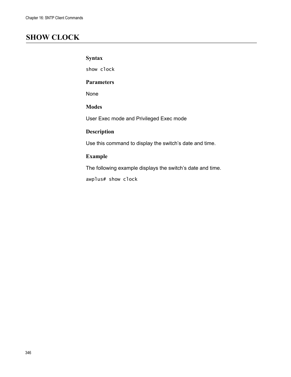 Show clock | Allied Telesis AT-FS970M Series User Manual | Page 346 / 1938