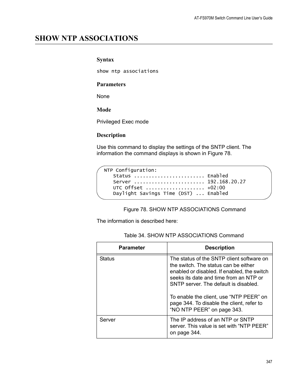 Show ntp associations, Figure 78. show ntp associations command, Table 34. show ntp associations command | Allied Telesis AT-FS970M Series User Manual | Page 347 / 1938