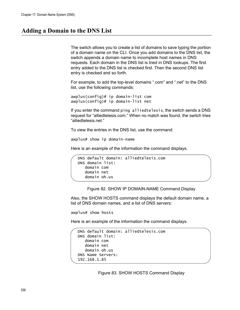 Adding a domain to the dns list | Allied Telesis AT-FS970M Series User Manual | Page 356 / 1938