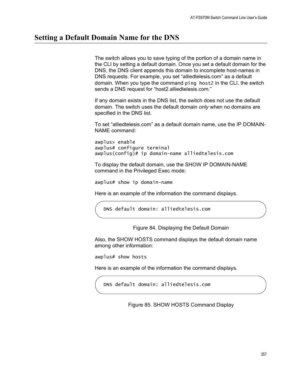 Setting a default domain name for the dns | Allied Telesis AT-FS970M Series User Manual | Page 357 / 1938