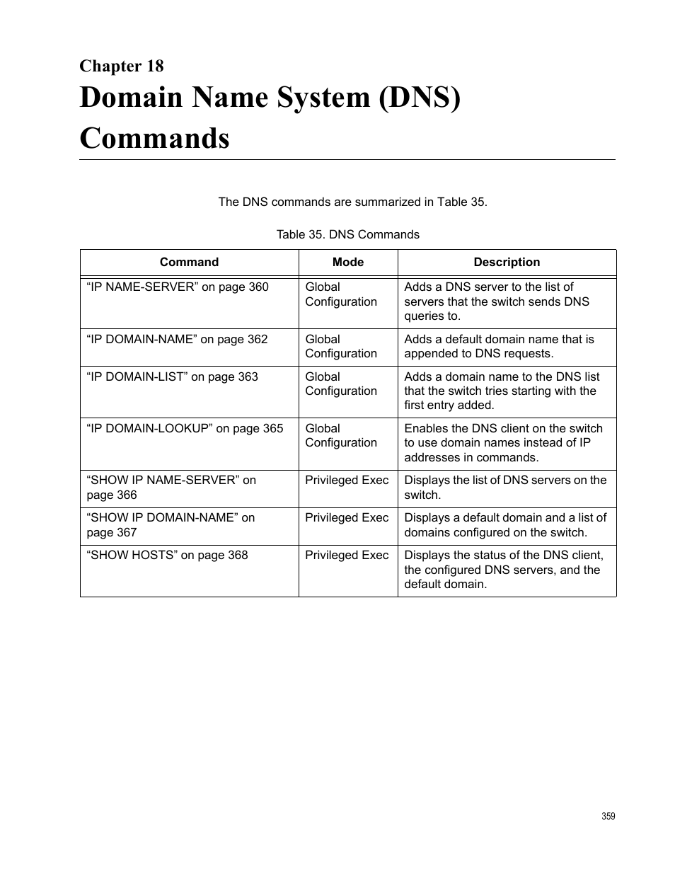 Chapter 18, Domain name system (dns) commands, Table 35. dns commands | Allied Telesis AT-FS970M Series User Manual | Page 359 / 1938
