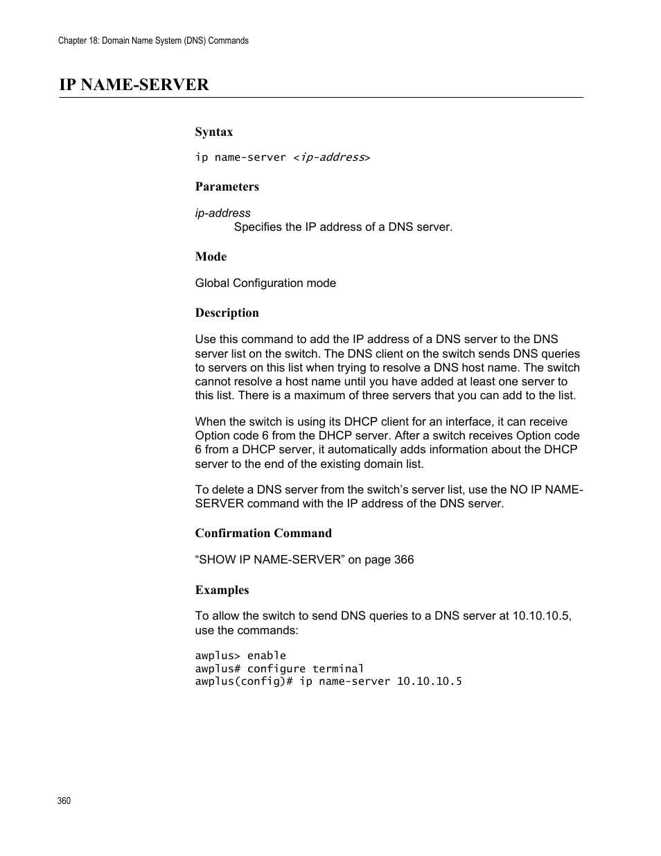 Ip name-server | Allied Telesis AT-FS970M Series User Manual | Page 360 / 1938