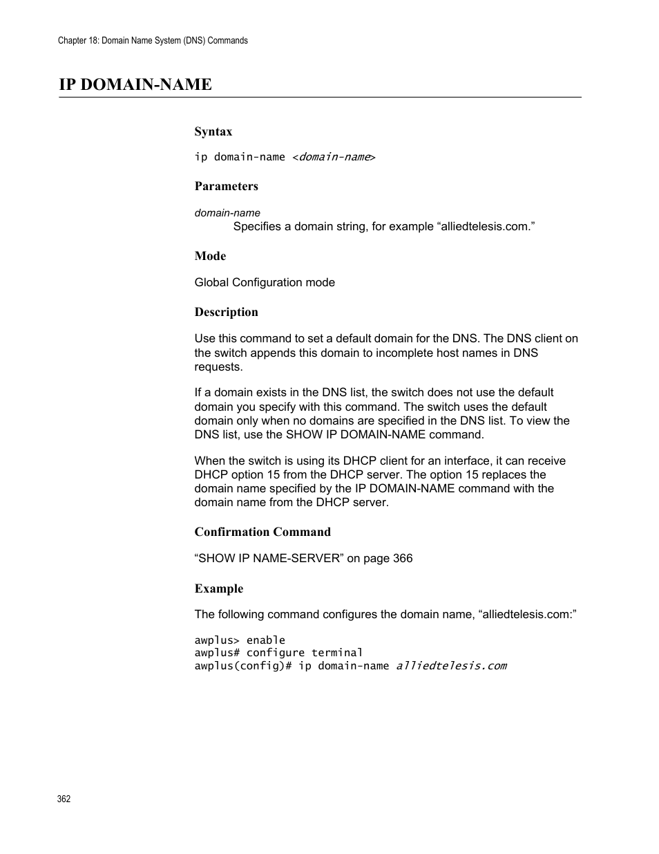 Ip domain-name | Allied Telesis AT-FS970M Series User Manual | Page 362 / 1938