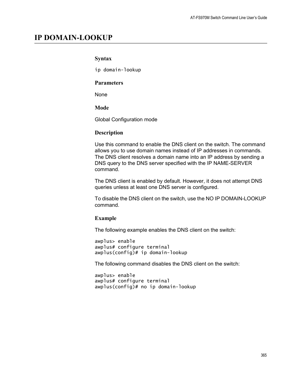 Ip domain-lookup | Allied Telesis AT-FS970M Series User Manual | Page 365 / 1938