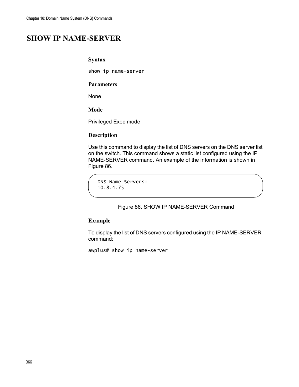 Show ip name-server, Figure 86. show ip name-server command | Allied Telesis AT-FS970M Series User Manual | Page 366 / 1938