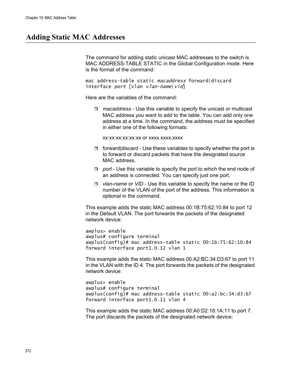 Adding static mac addresses | Allied Telesis AT-FS970M Series User Manual | Page 372 / 1938