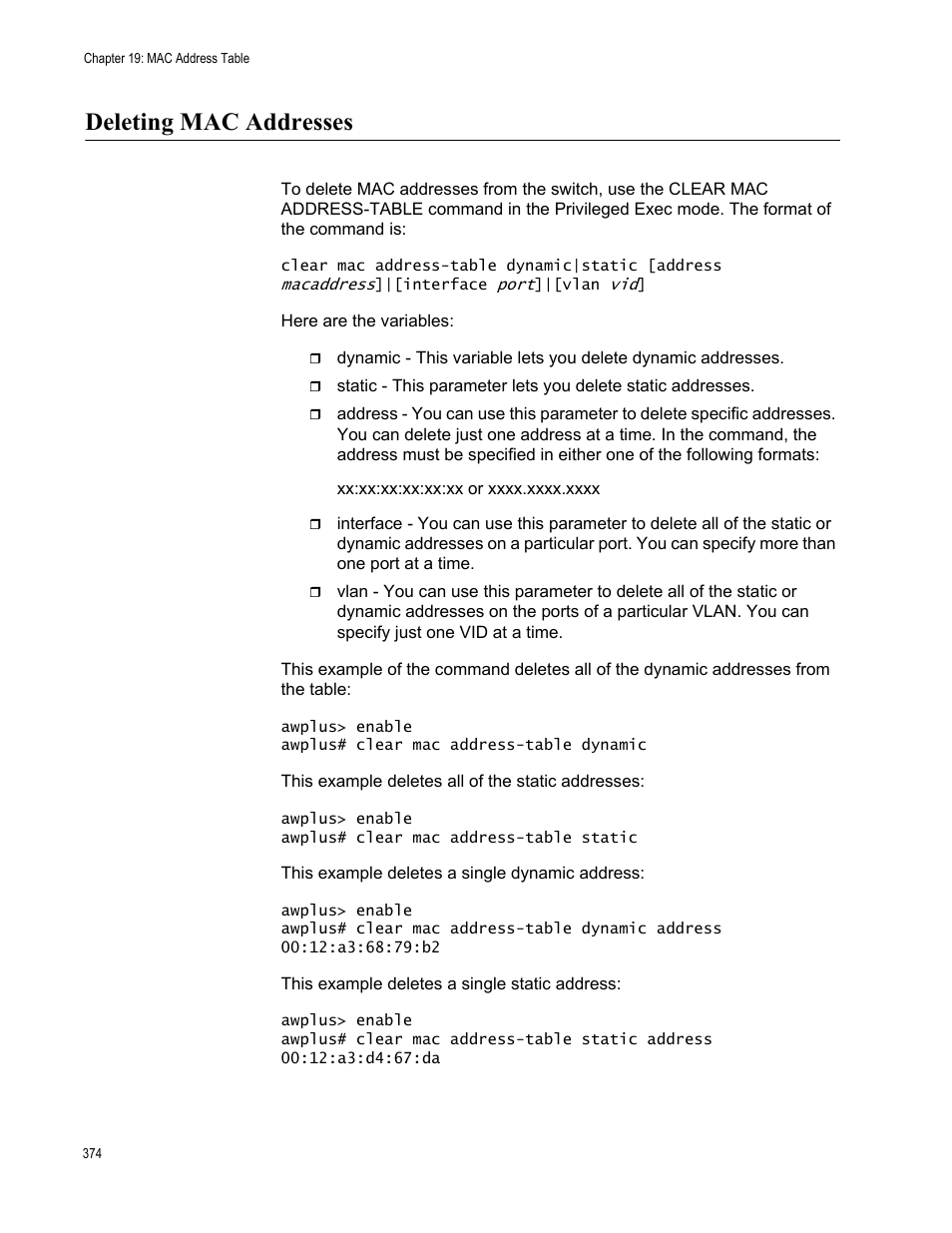 Deleting mac addresses | Allied Telesis AT-FS970M Series User Manual | Page 374 / 1938