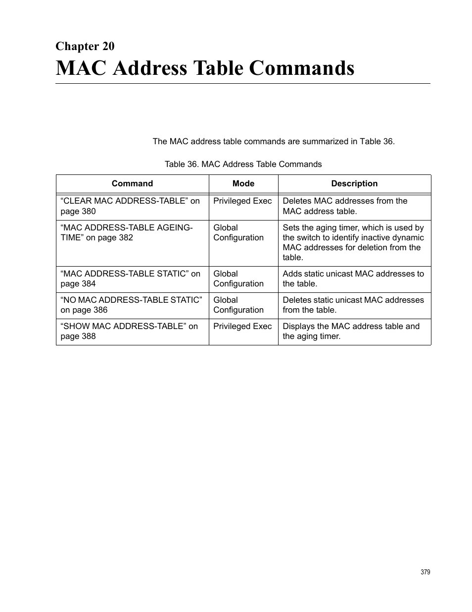 Chapter 20, Mac address table commands, Table 36. mac address table commands | Allied Telesis AT-FS970M Series User Manual | Page 379 / 1938