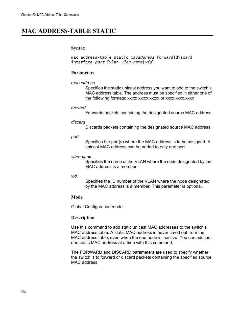 Mac address-table static | Allied Telesis AT-FS970M Series User Manual | Page 384 / 1938