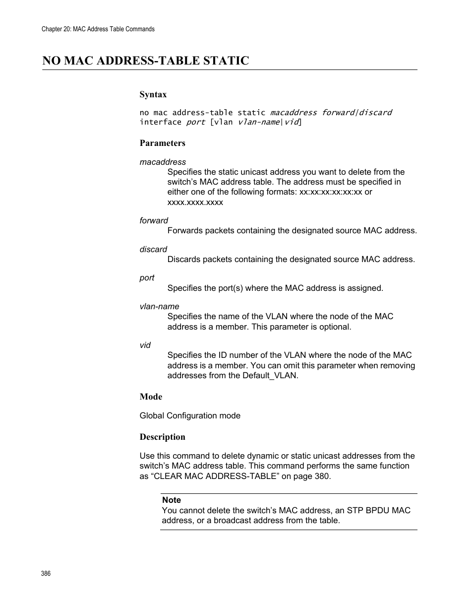 No mac address-table static | Allied Telesis AT-FS970M Series User Manual | Page 386 / 1938