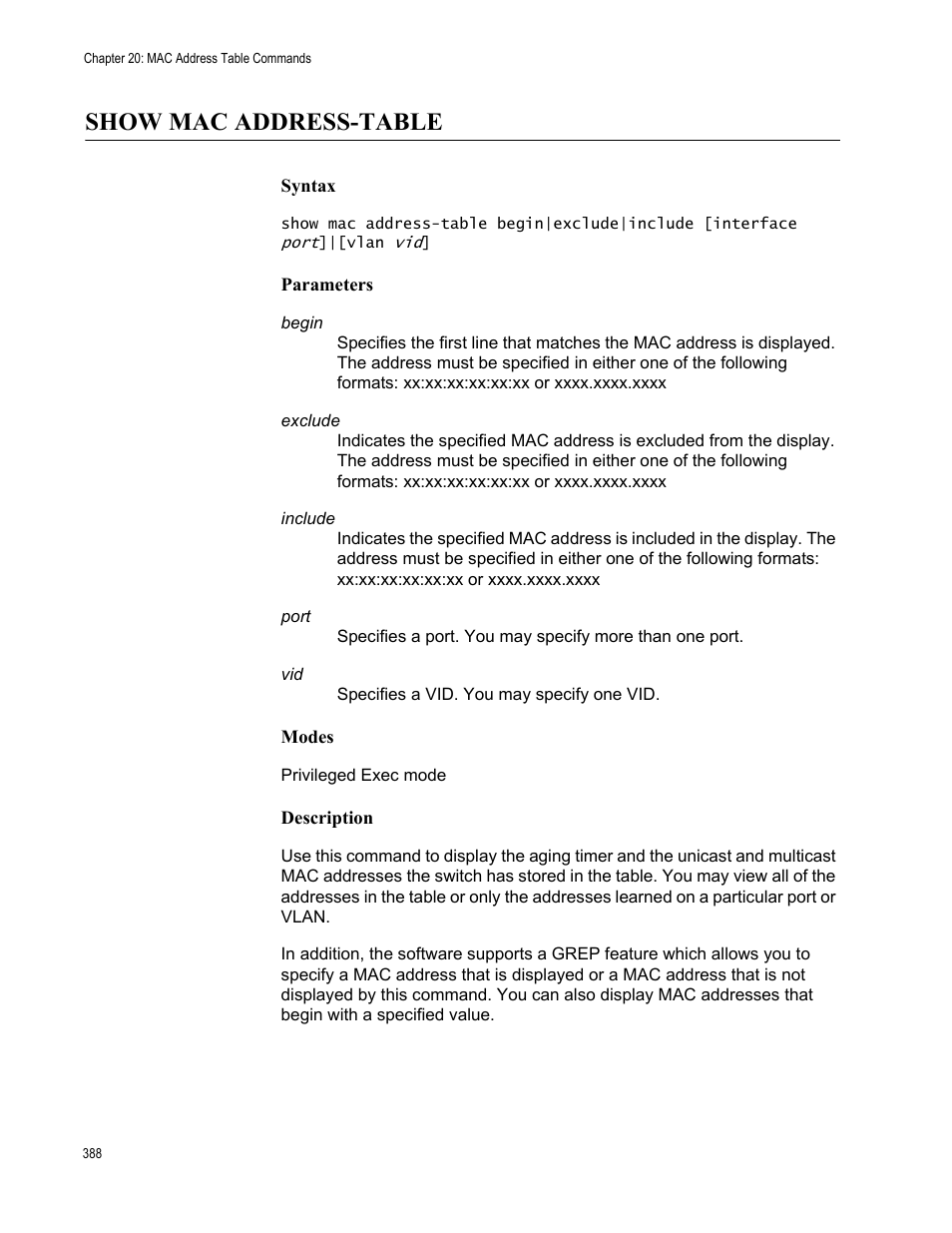 Show mac address-table | Allied Telesis AT-FS970M Series User Manual | Page 388 / 1938