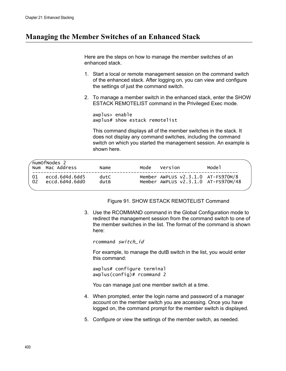 Managing the member switches of an enhanced stack, Figure 91. show estack remotelist command | Allied Telesis AT-FS970M Series User Manual | Page 400 / 1938