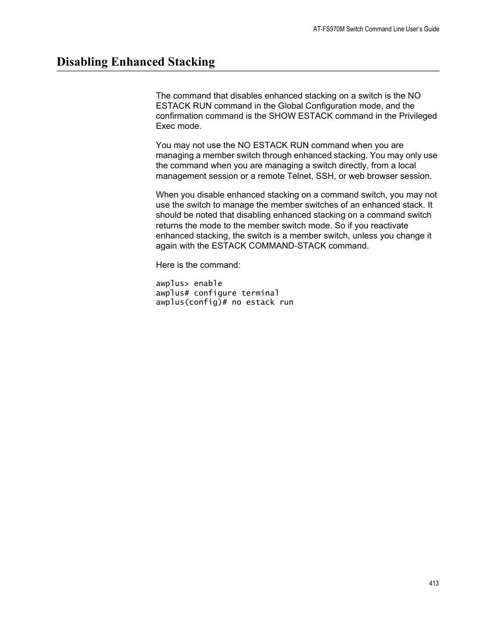 Disabling enhanced stacking | Allied Telesis AT-FS970M Series User Manual | Page 413 / 1938