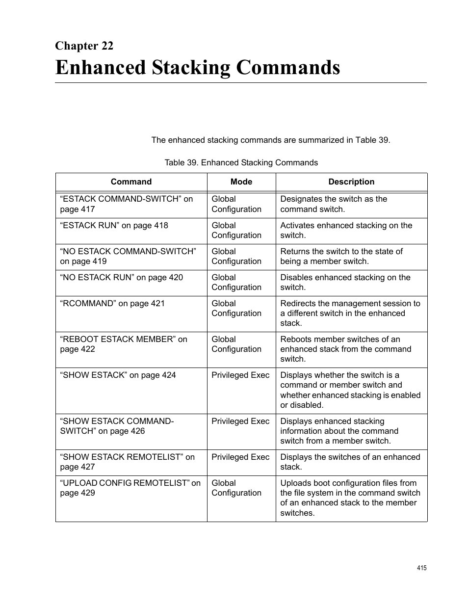 Chapter 22, Enhanced stacking commands, Table 39. enhanced stacking commands | Allied Telesis AT-FS970M Series User Manual | Page 415 / 1938