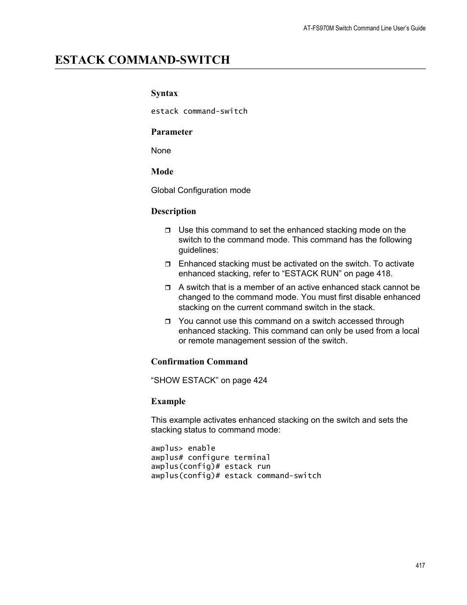 Estack command-switch | Allied Telesis AT-FS970M Series User Manual | Page 417 / 1938