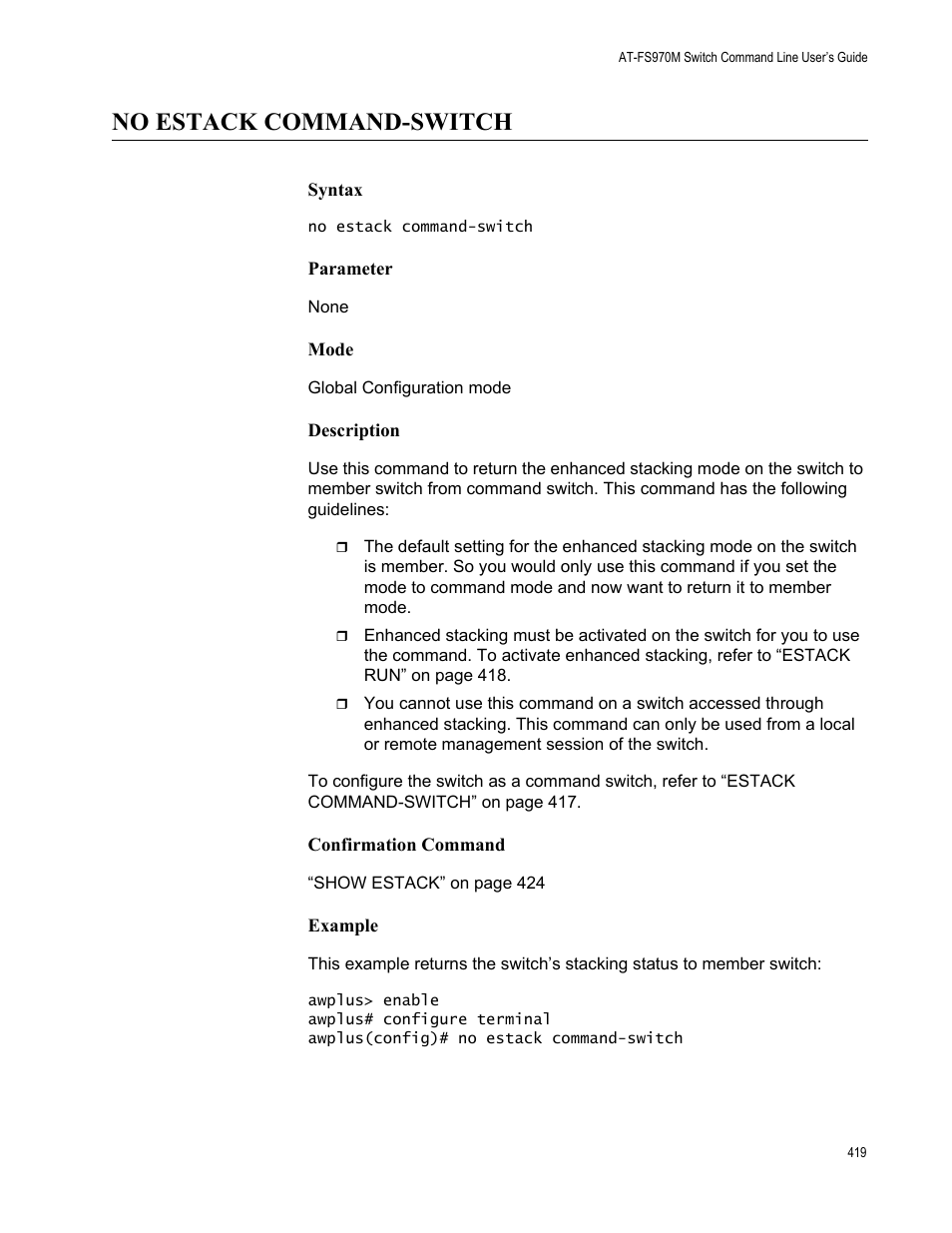 No estack command-switch | Allied Telesis AT-FS970M Series User Manual | Page 419 / 1938