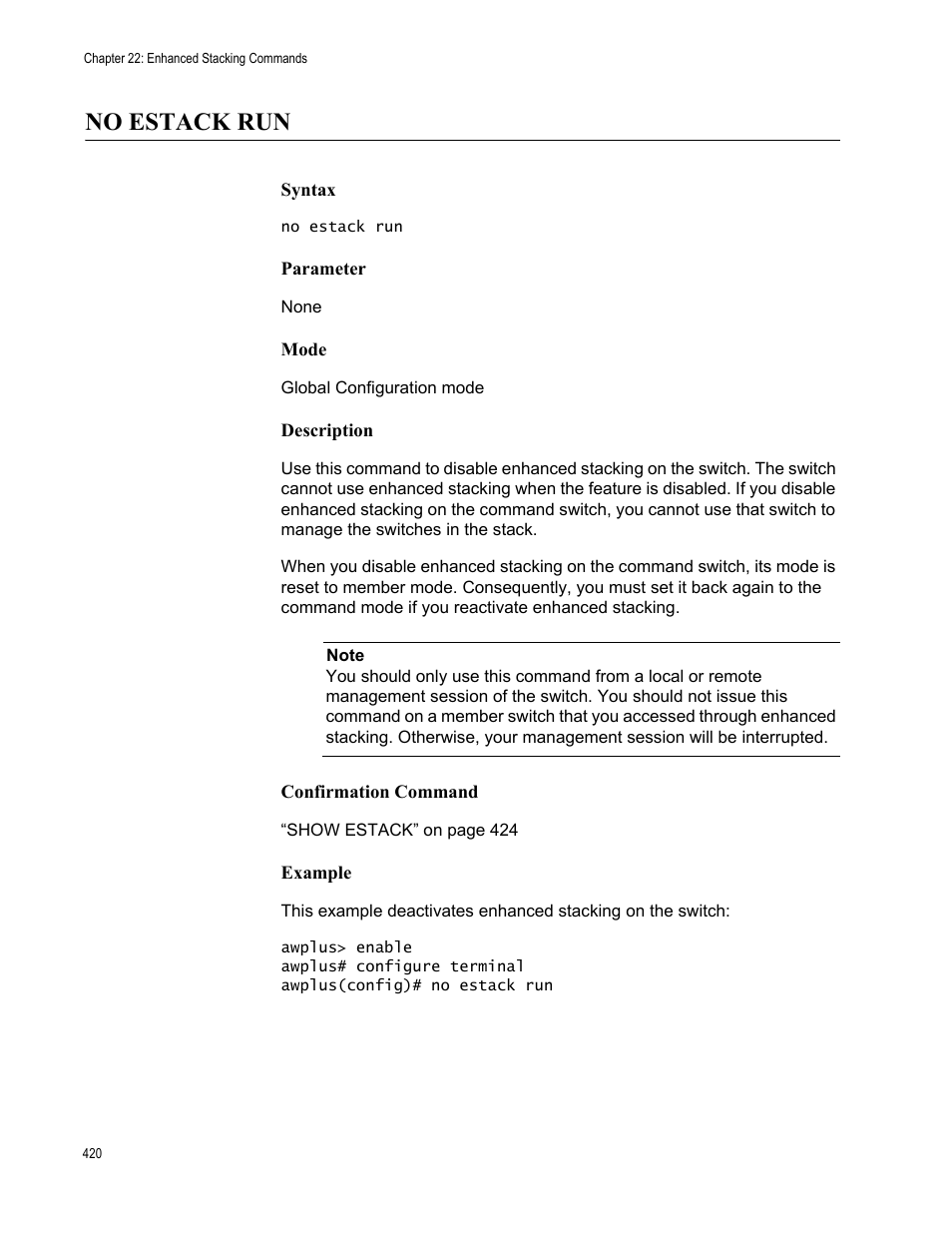 No estack run | Allied Telesis AT-FS970M Series User Manual | Page 420 / 1938