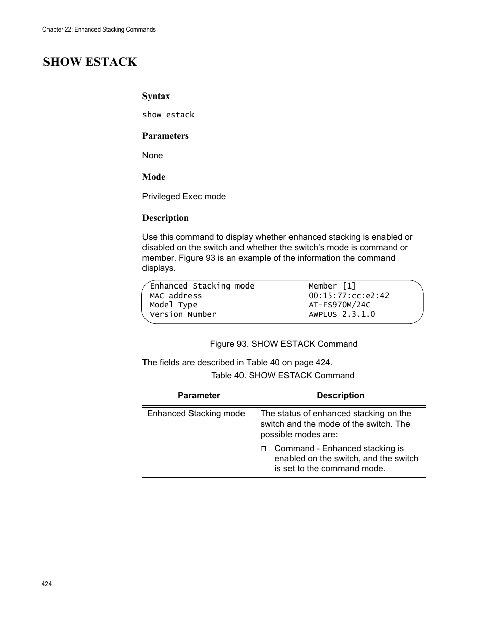 Show estack, Figure 93. show estack command, Table 40. show estack command | Allied Telesis AT-FS970M Series User Manual | Page 424 / 1938