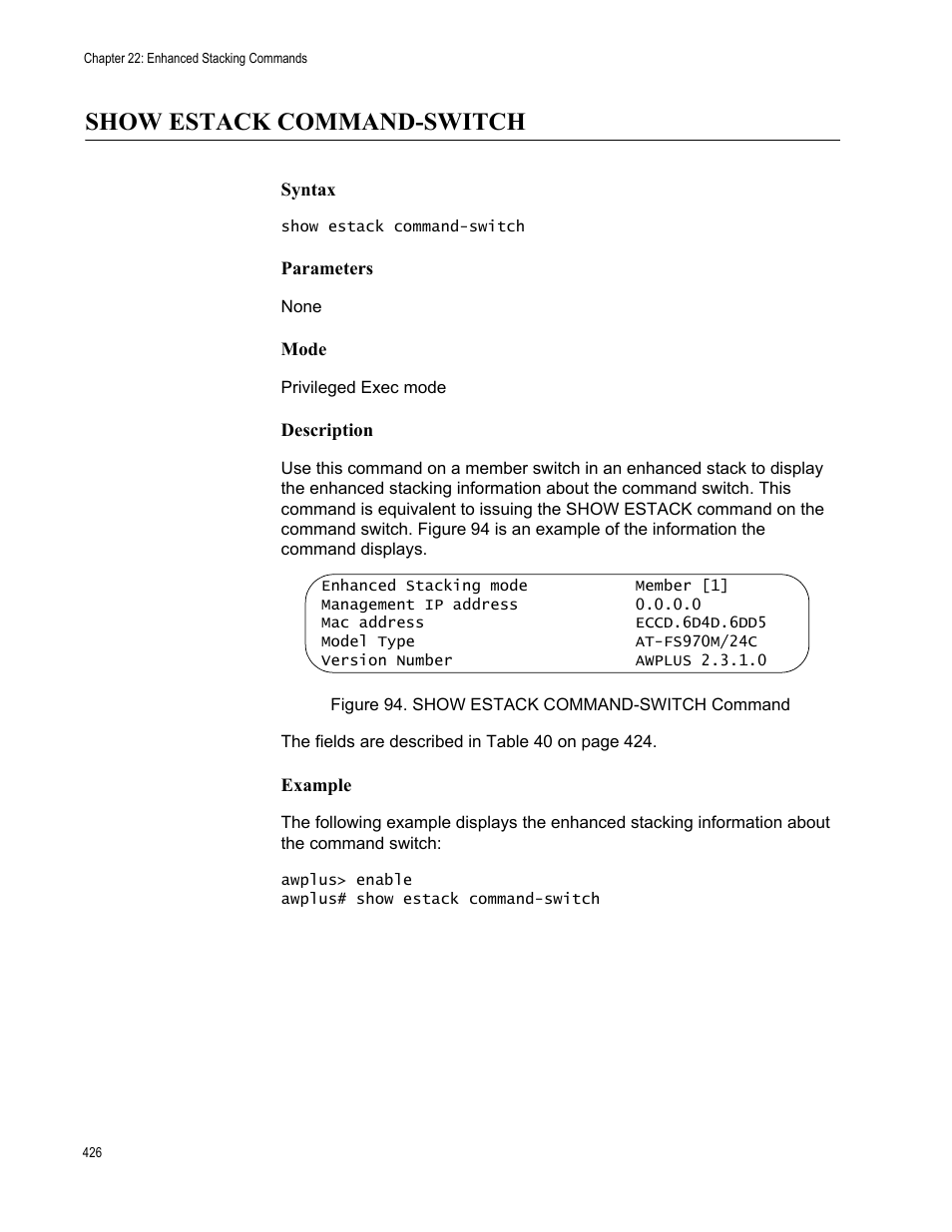 Show estack command-switch, Figure 94. show estack command-switch command | Allied Telesis AT-FS970M Series User Manual | Page 426 / 1938