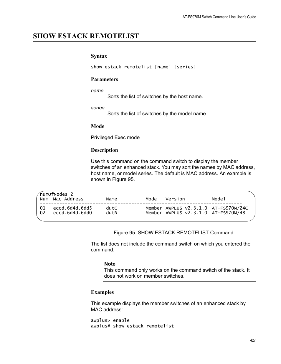 Show estack remotelist, Figure 95. show estack remotelist command | Allied Telesis AT-FS970M Series User Manual | Page 427 / 1938