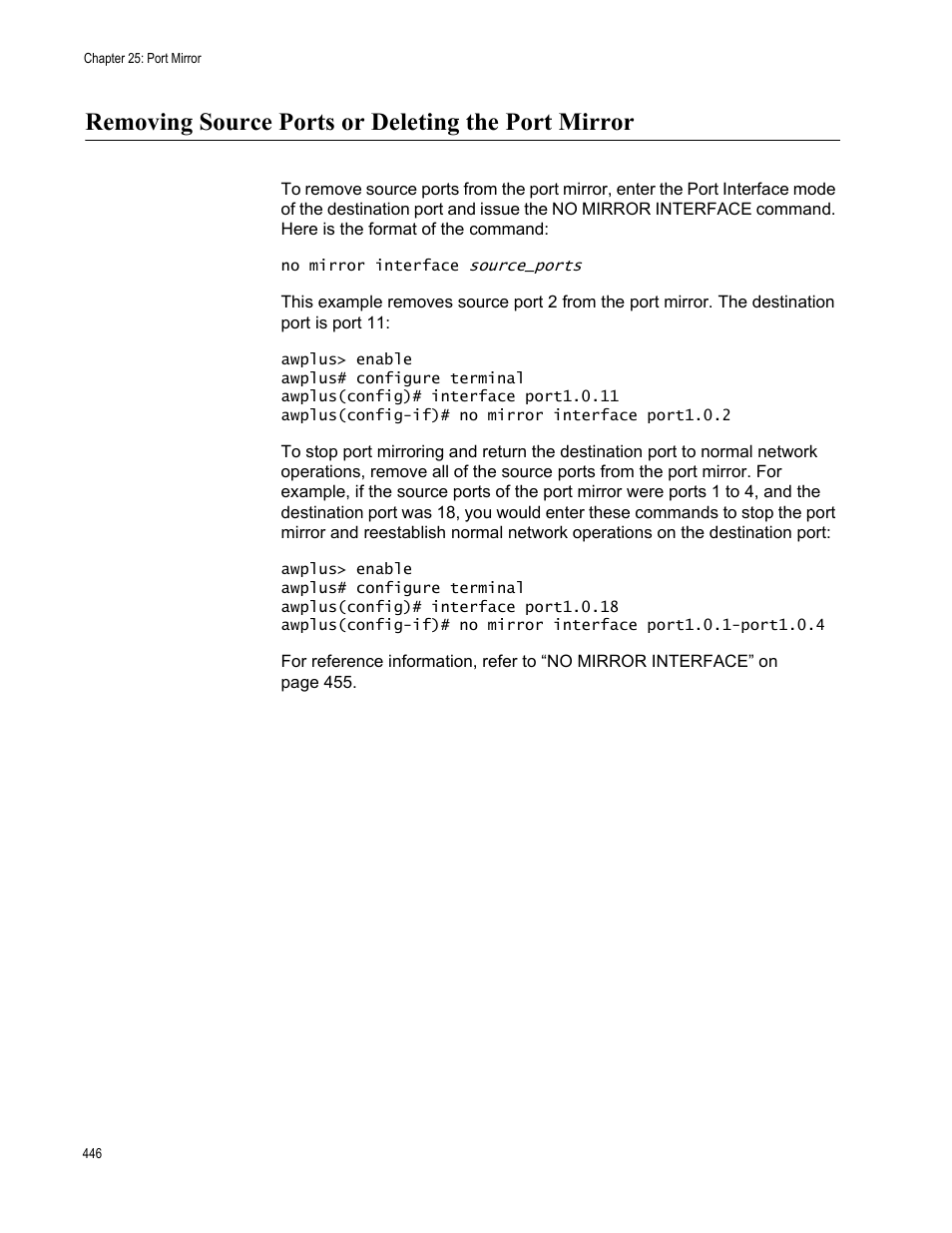 Removing source ports or deleting the port mirror | Allied Telesis AT-FS970M Series User Manual | Page 446 / 1938