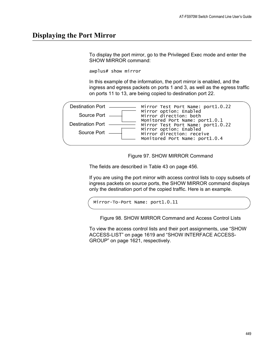 Displaying the port mirror | Allied Telesis AT-FS970M Series User Manual | Page 449 / 1938