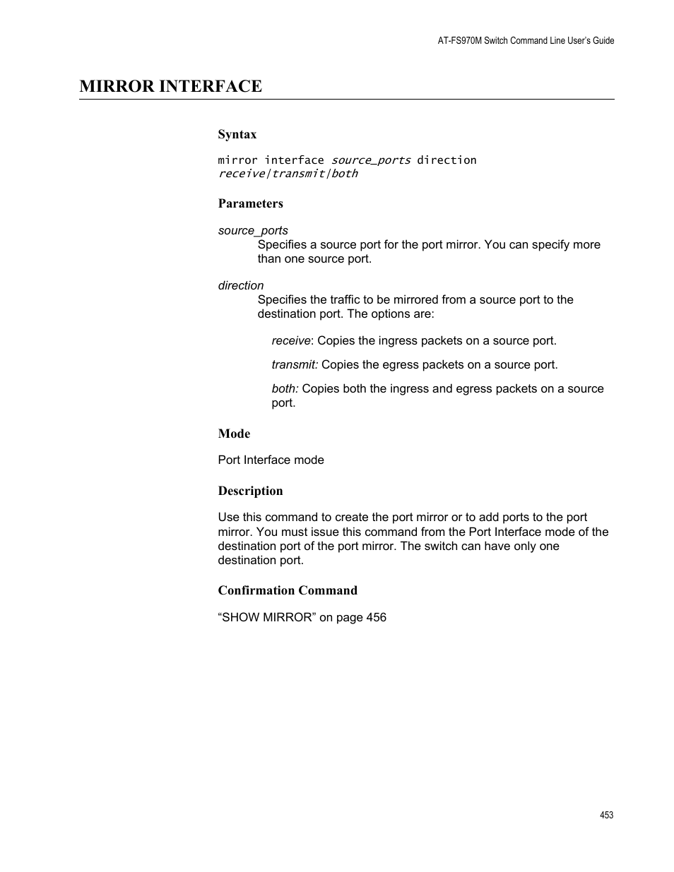 Mirror interface | Allied Telesis AT-FS970M Series User Manual | Page 453 / 1938