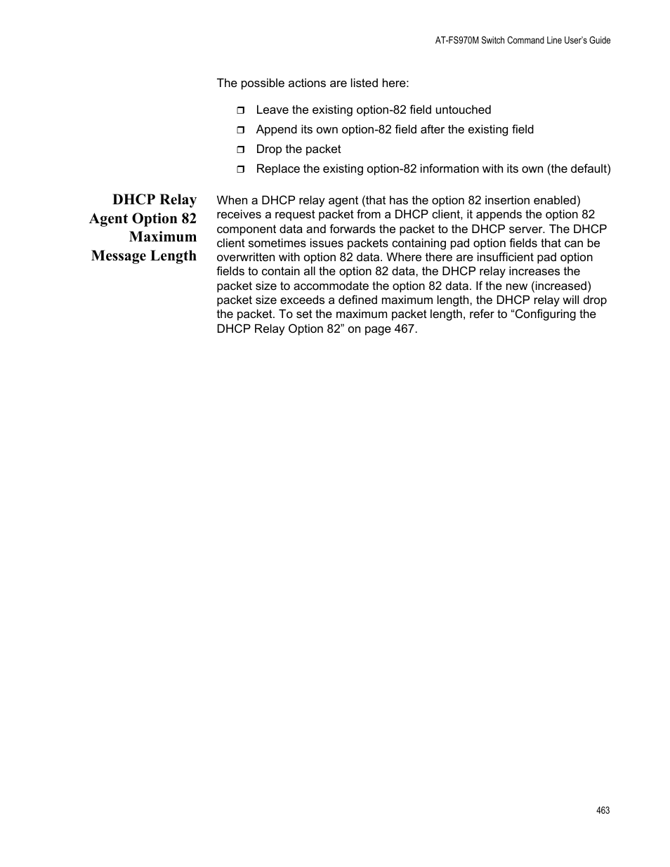 Dhcp relay agent option 82 maximum message length | Allied Telesis AT-FS970M Series User Manual | Page 463 / 1938