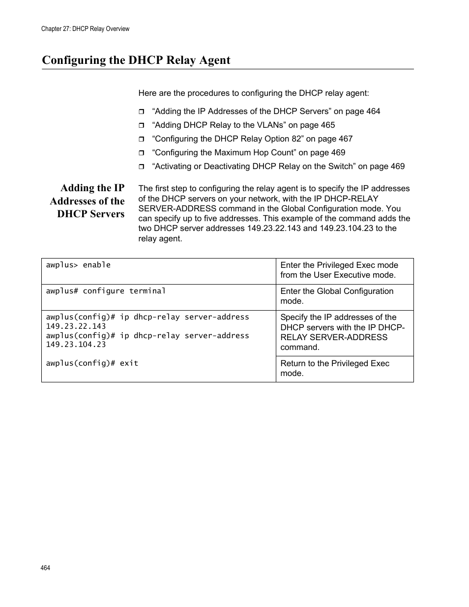 Configuring the dhcp relay agent, Adding the ip addresses of the dhcp servers | Allied Telesis AT-FS970M Series User Manual | Page 464 / 1938