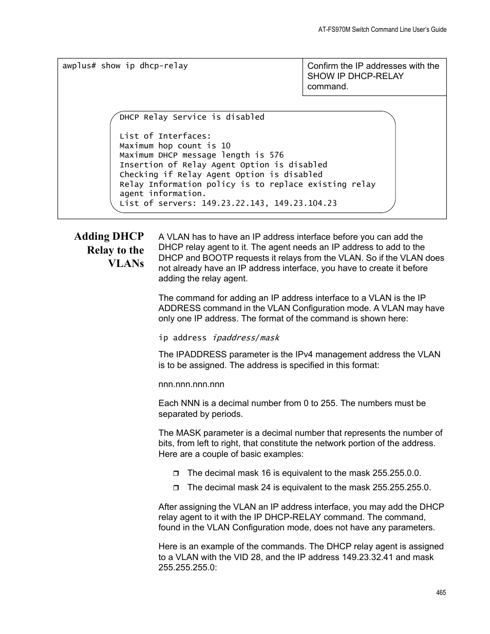 Adding dhcp relay to the vlans | Allied Telesis AT-FS970M Series User Manual | Page 465 / 1938