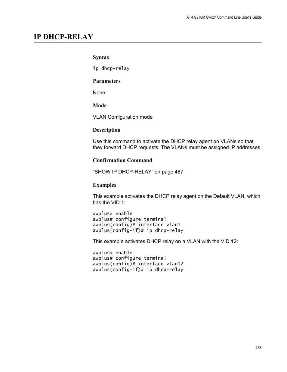 Ip dhcp-relay | Allied Telesis AT-FS970M Series User Manual | Page 473 / 1938