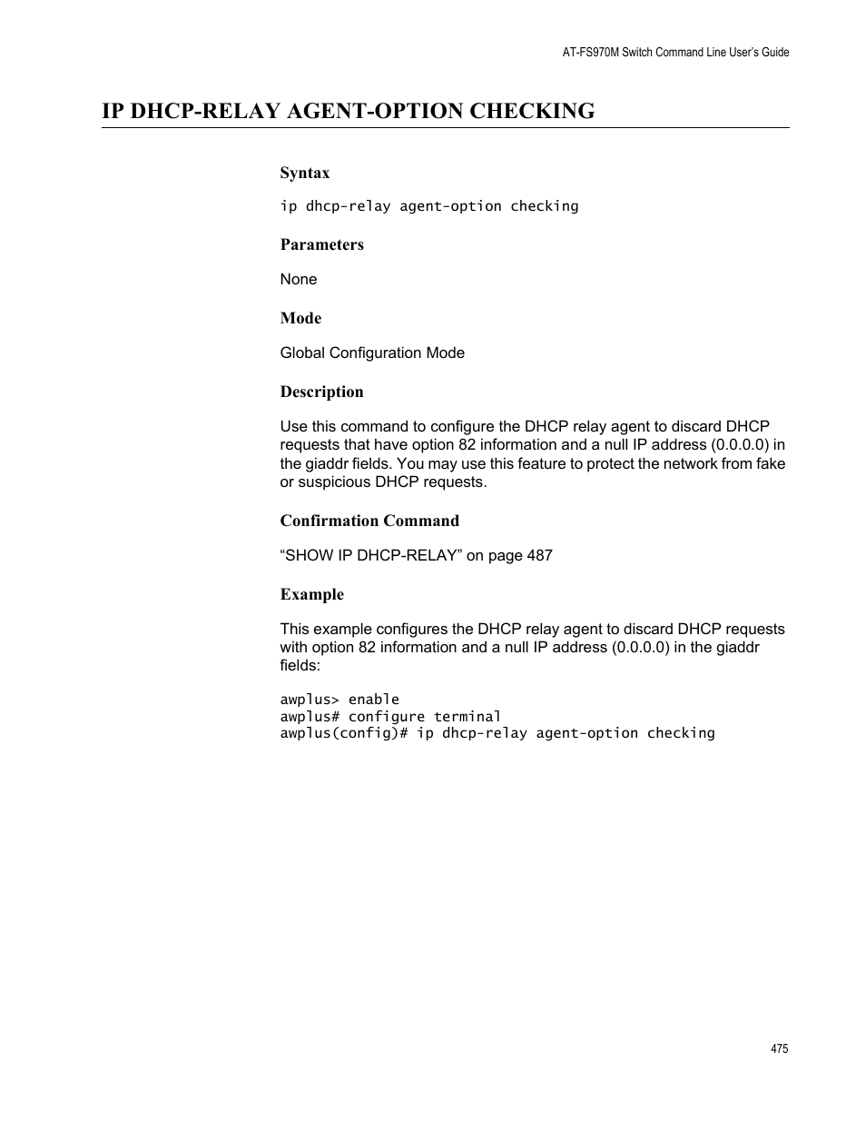 Ip dhcp-relay agent-option checking | Allied Telesis AT-FS970M Series User Manual | Page 475 / 1938