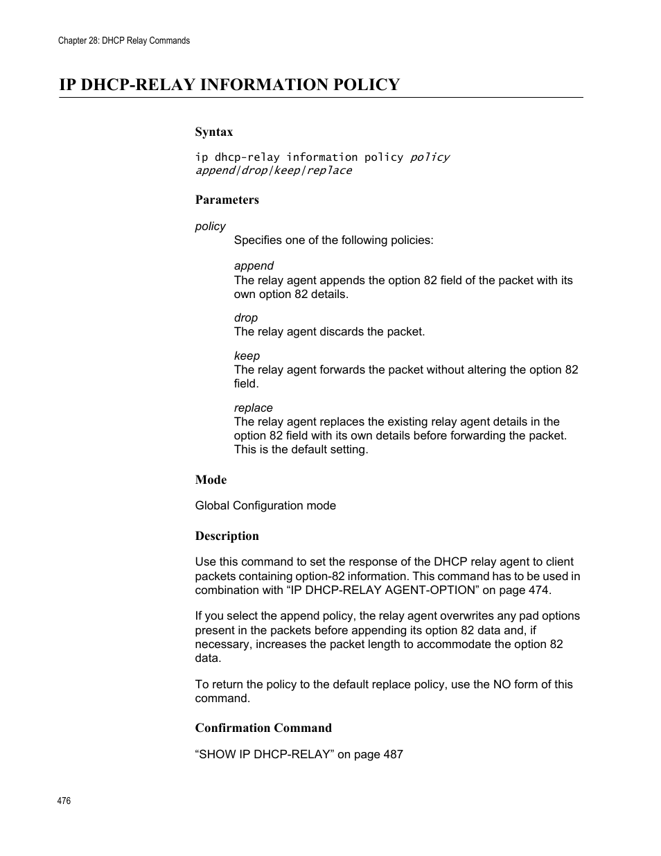 Ip dhcp-relay information policy | Allied Telesis AT-FS970M Series User Manual | Page 476 / 1938