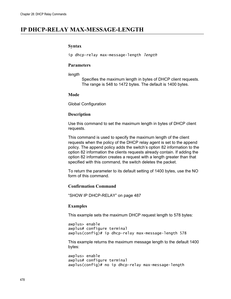 Ip dhcp-relay max-message-length | Allied Telesis AT-FS970M Series User Manual | Page 478 / 1938